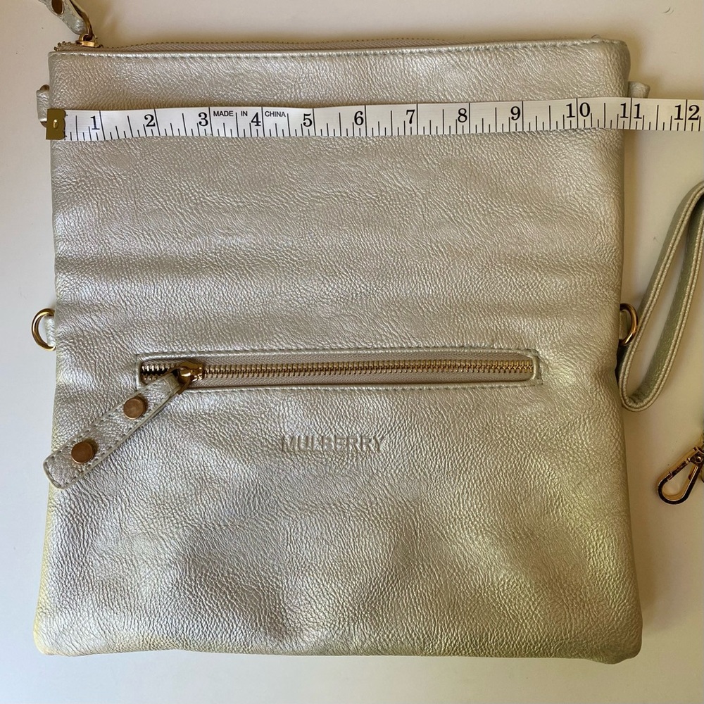 Mulberry Leather Gray Metalic Silver Foldable Clutch Bag with Shoulder 2 Straps - Picture 12 of 13